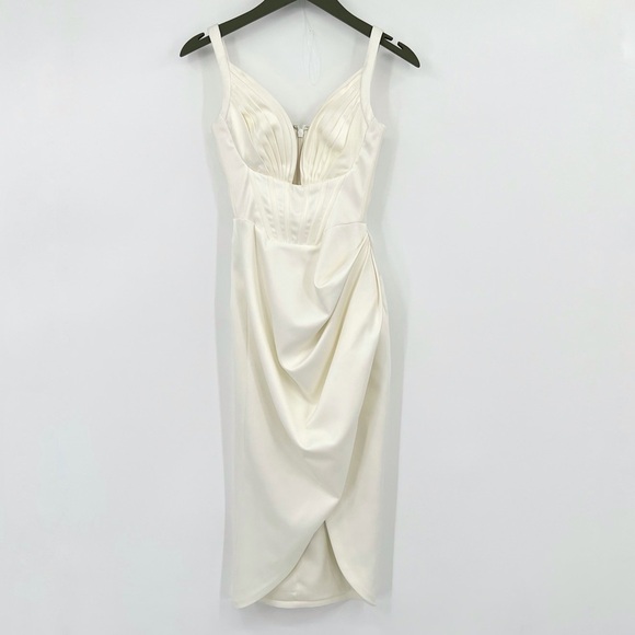 HOUSE OF CB XS WHITE MIDI FITTED FAYE DRESS Faye Satin Pleated Midi extra small - Picture 12 of 12